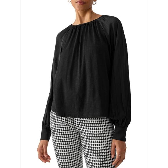 NWT SANCTUARY Mixed Media Black Top Blouse Crew Neck Long Slv Cotton Blend XXL - Picture 1 of 10